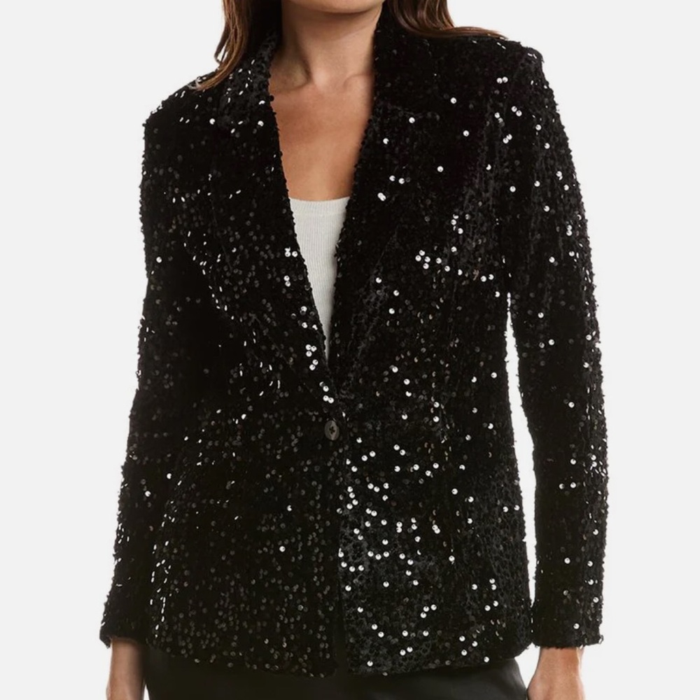 Nanette Lepore Black Velvet Sequin Single Button Blazer w/ notched lapel collar